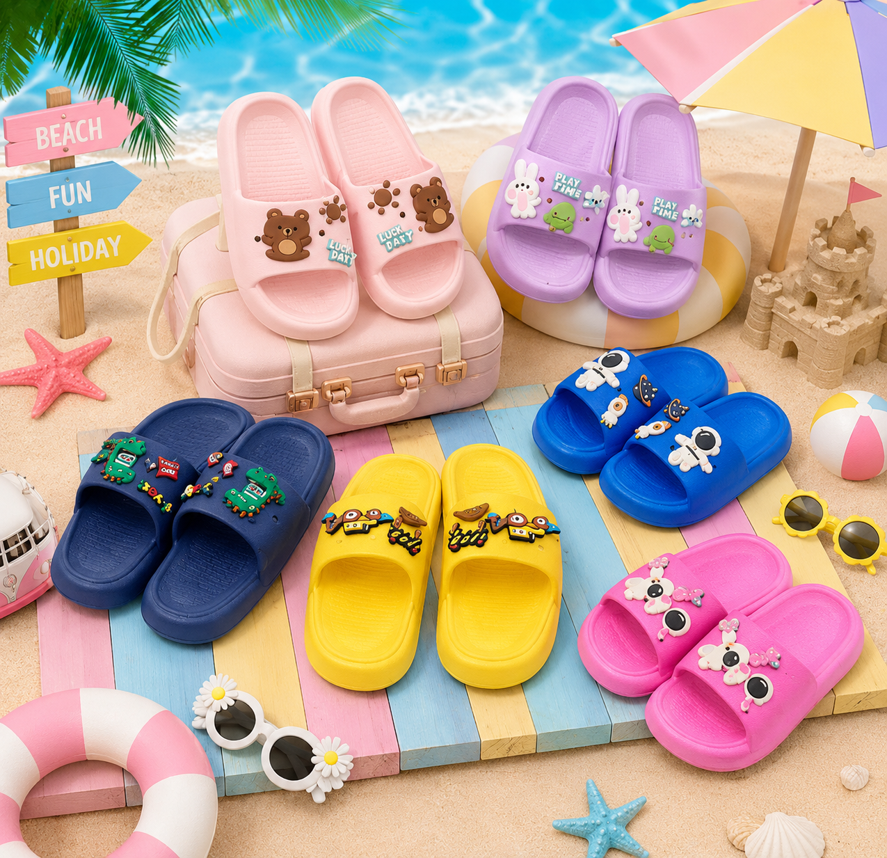 Cute Cartoon Summer Beach Slides for Toddler Boys & Girls